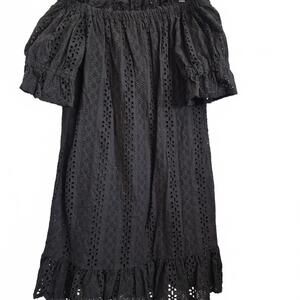 French Curve Ladies 100% Cotton Black Eyelet Off Shoulder Dress Short Sleeve Kne